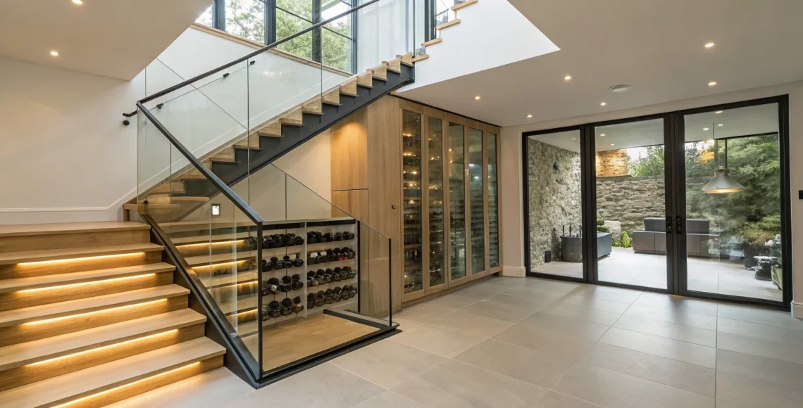 Small modern wine cellar under stairs with glass doors and built-in wooden wine racks.