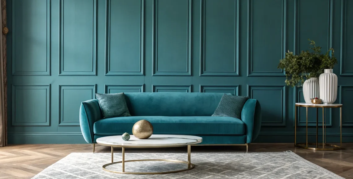Modern living room interior design with a teal blue sofa, paneled wall, gold and marble accents.