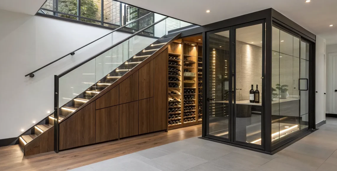 Small home wine cellar under the stairs with a modern glass and wood design and illuminated wine racks.