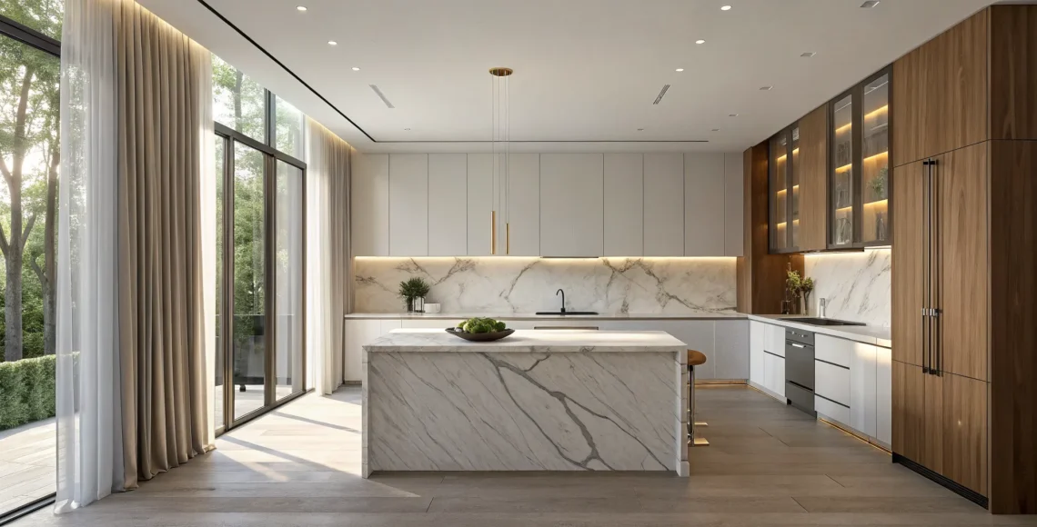 Modern kitchen interior design with a marble island, wood cabinets, and large windows.