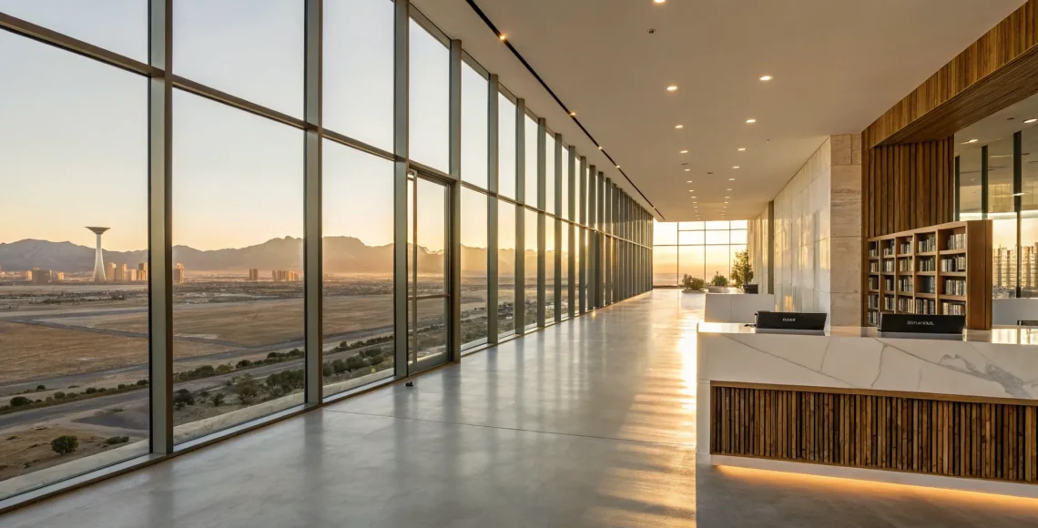 A Las Vegas commercial interior design firm's modern office lobby with sleek furniture.