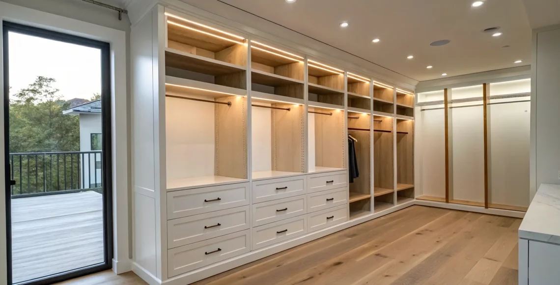 A bright, modern custom closet buildout designed for maximum storage with shelves, drawers, and hanging rods.