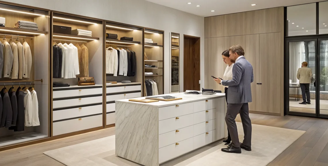 Custom closet buildout consultation with a designer in a modern walk-in closet.