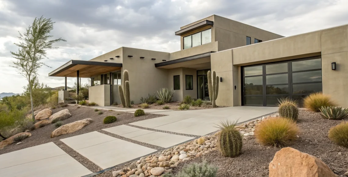 A modern custom home in Boulder City with desert landscaping and expansive windows.