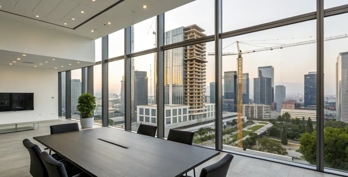 A modern office setting for a meeting to hire a designer for a spec home.