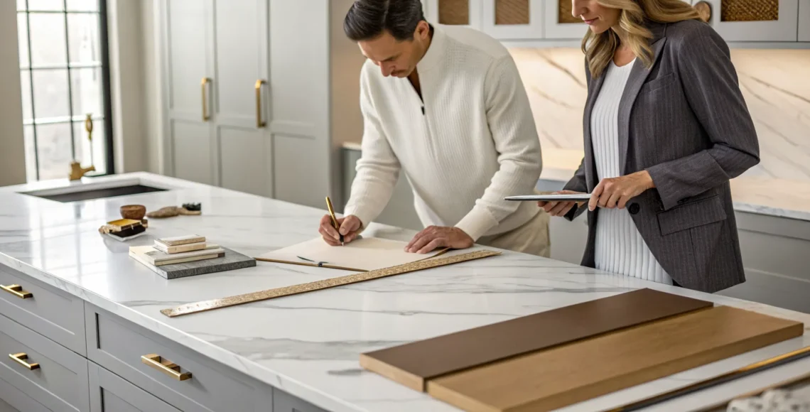 High-end pantry remodeling company reviewing luxury materials and custom design plans.